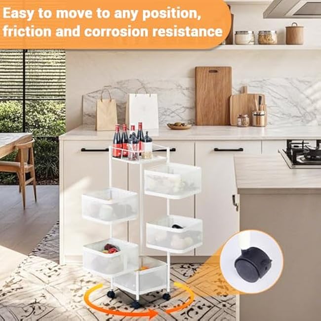 Kitchen Storage Cart, Rotating Kitchen Storage Rack, 5-Tier Fruit Basket Rolling Carts with Wheels, Utility Kitchen Organizer and Storage Cart for Fruit Potato Onion Vegetable Snack-Vqd6PgRe