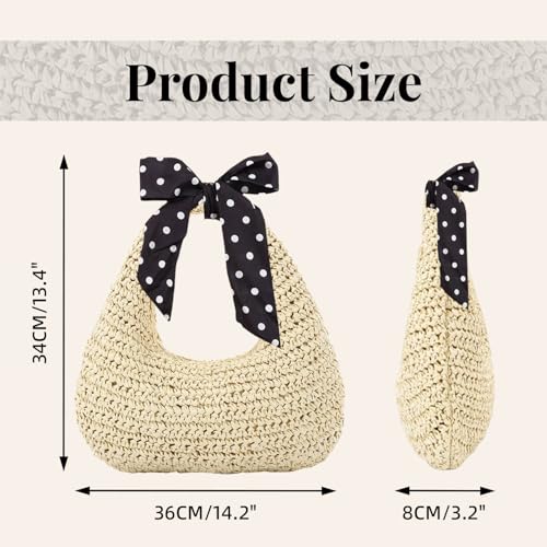 YouNuo Straw Bag for Women, Summer Beach Tote Purse with Zipper, Raffia Woven Bag, Tote Handbag with Ribbon for Travel, Small2
