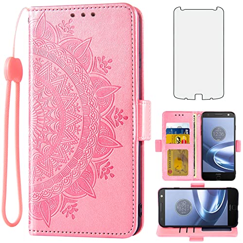Asuwish Compatible with Moto Z Force Wallet Case Tempered Glass Screen Protector Credit Card Holder Flip Wrist Strap Stand Cell Phone Cover for Motorola ZForce MotoZForce Droid XT1650 Rose Gold