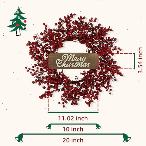 Image of YNYLCHMX 20 Inch Christmas Wreath for Front Door, Winter Wreath with Welcome Sign Red Berries, Artificial Door Xmas Wreaths for Window Wall Fireplace Farmhouse Holiday Party Decoration
