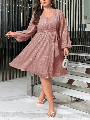 Image of RED DOT BOUTIQUE 876 - Plus Size Elegant Sheer Sleeve Dress with Waist Sparkle Chiffon Mesh Cocktail Dress