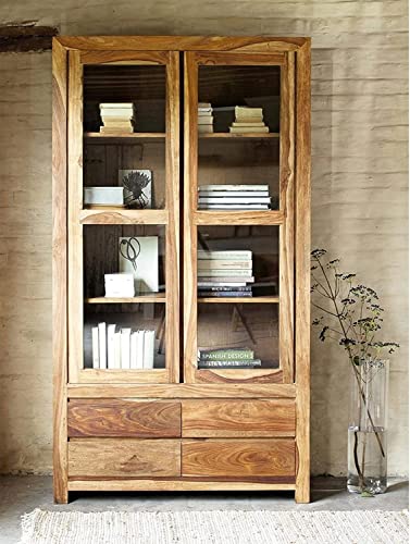 Image of SONA Art & Crafts Wood Multipurpose Kitchen Crockery Cabinet Display Rack with 2 Door and 4 Drawer for Living Room Bedroom Solid Wood Bookcase Wooden Furniture for Home Office (Natural Finish)