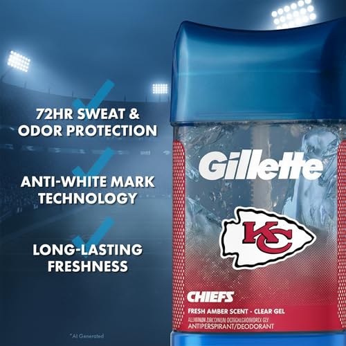Image of Gillette Kansas City Chiefs Antiperspirant and Deodorant, 72hr Instant Sweat & Odor Protection, Long Lasting Freshness & Protection, Anti-White Mark Technology, Clear Gel, Fresh Amber Scent, 3.8 oz