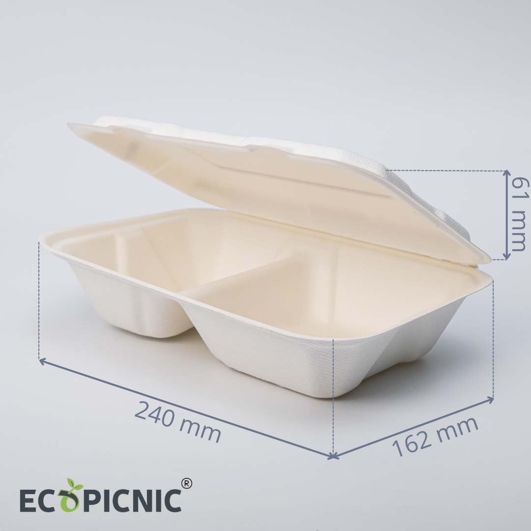 Menubox de Caña de Azúcar con 2 Compartimentos 240x162x61 mm 250 Unidades | Envase desechable Biodegradable para Comidas, Ideal para Llevar, con Compartimentos para Separar