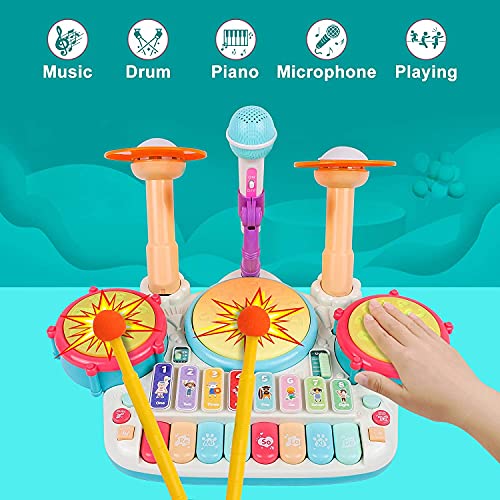 Rabing Baby Musical Instruments Toys, 5 In 1 Toddler Drum & Piano Set, Kids Electronic Piano Keyboard Xylophone Drum Toys Set With Microphone & Lights, Learning Toys Gift For Baby 1 2 3 Years Old #TOP4