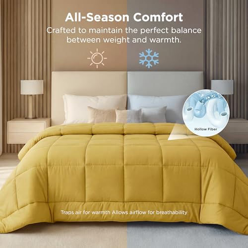 Image of Bedsure Comforter Duvet Insert - Quilted Comforters Oversized King Size, All Season Duvet, GentleSoft Down Alternative Bedding, with 8 Tabs, Gifts for Women, Mustard Yellow, Oversized King 116x98