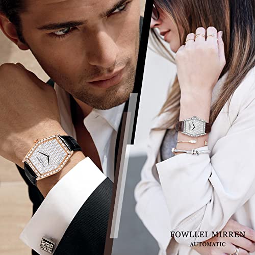 Fowllei Mirren Diamond Wrist Watch For Men, Leather Band Mechanical Automatic Watch Diamond Wrist Watch For Men Unisex Analog Barrel Watch Luxury Fashion Gift Square Diamond (Silver-Leather) #TOP6