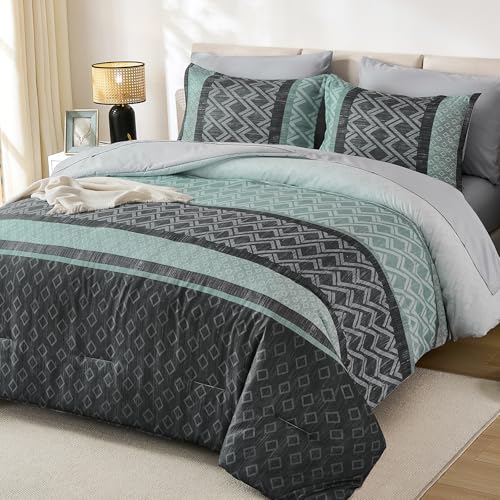 Boho Comforter Set Queen Size,Green and Grey Striped Bed in a Bag