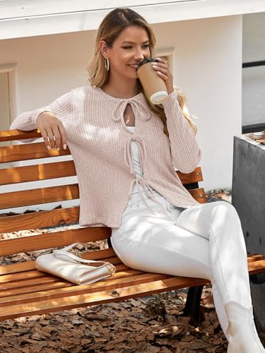 Tie Front Cardigan for Women 2025 Lightweight Cropped Ribbed Knit Shrug Fall Open Front Bow Cardigan Tops4