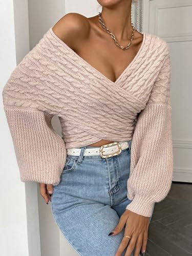 Image of WDIRARA Women's Textured Crossover V Neck Sweater Long Sleeve Drop Shoulder Casual Pullover Tops