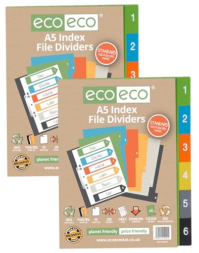 Image of eco-eco A5 50% Recycled Set 6 Multi-Punched Index File Dividers, Multicoloured Tabbed 1-6 Ring Binder Subject Dividers, Pack of 2, eco024x2