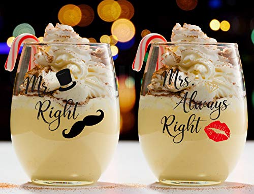 Mr. Right & Mrs. Always Right Novelty Wedding Gift 19Oz Pair Stemless Wine Glasses (2 Pack) Funny Gift Engagement Gift For Couples By Fine Occasion #TOP3