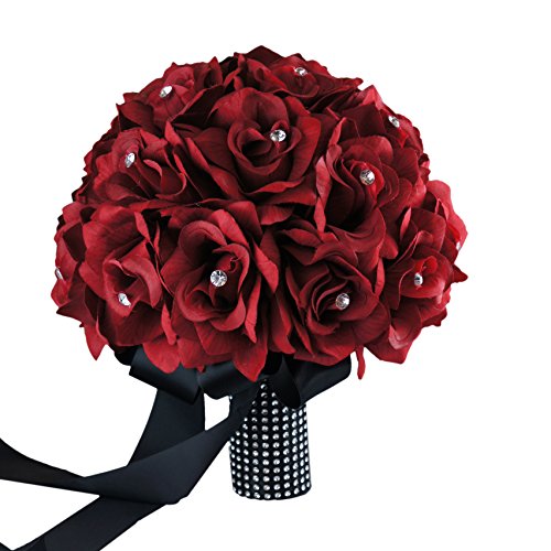 Angel Isabella Classic Bridal Bouquet - Apple Red Roses with Elegant Rhinestone Black Ribbon & Bling Accents - Premium Handmade Silk Flowers for Wedding, Prom, and Special Events (10