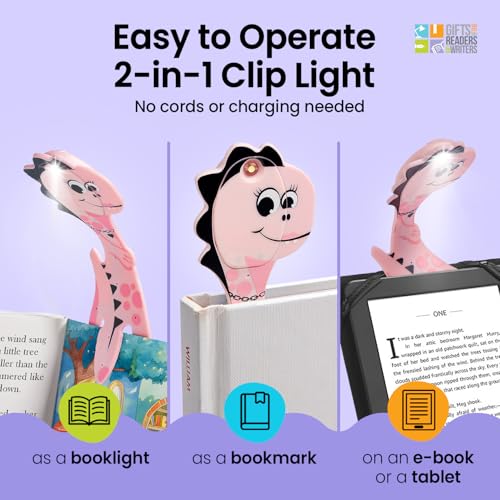 Image of Gifts for Readers & Writers Book Light for Kids, Clip On Reading Light for Bed, 2in1 Flexilight Pals & Bookmark, Small & Lightweight with a Soft Glow, 2 Batteries Included, Dino Pink