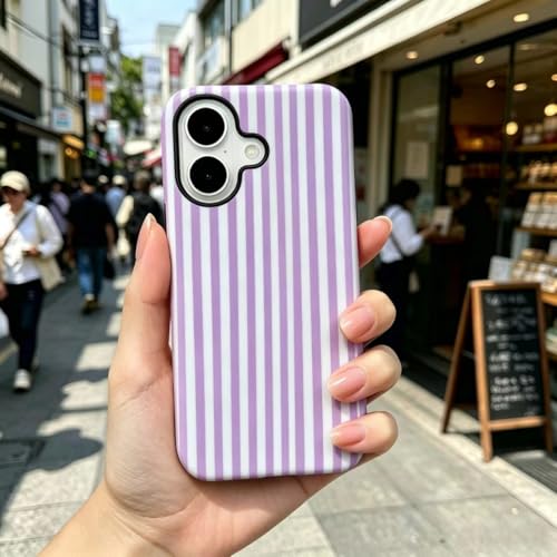 Image of for iPhone 16 Case Cute Phone Case,Compatible with MagSafe,Dual Layer Shockproof Protective Phone Cover,Hard Shell + Silicone Cover,Fashion Design for Women Girls,Striped Purple