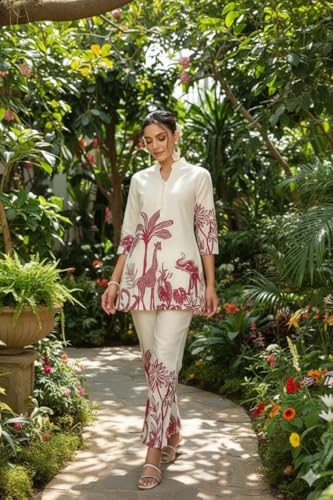 Image of NAINVISH Women's Rayon Co-Ord Set | Printed Shirt and Pant Set for Women | Casual Two Piece Lounge Outfit | Western Outfit
