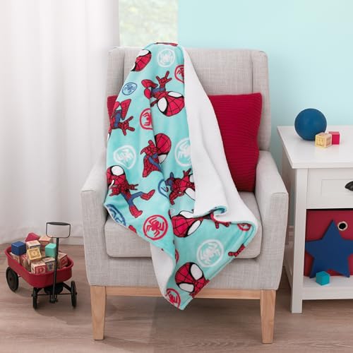 Image of Marvel Spidey Light Blue, Red and White Super Soft Sherpa Toddler Blanket