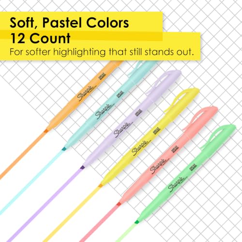 Image of Sharpie Pocket Highlighters, Mild Pastel Colors, Assorted, Chisel Tip, 12 Count - School, Home, and Office Use, Teacher Supplies