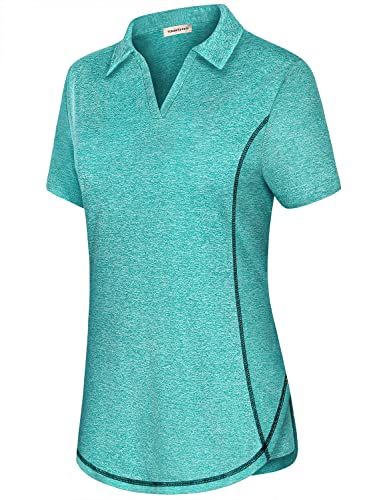 Yakestyle Women's V Neck Short Sleeve Polo Shirts Moisture Wicking Running T-Shirt Tops Green, X-Large #TOP1