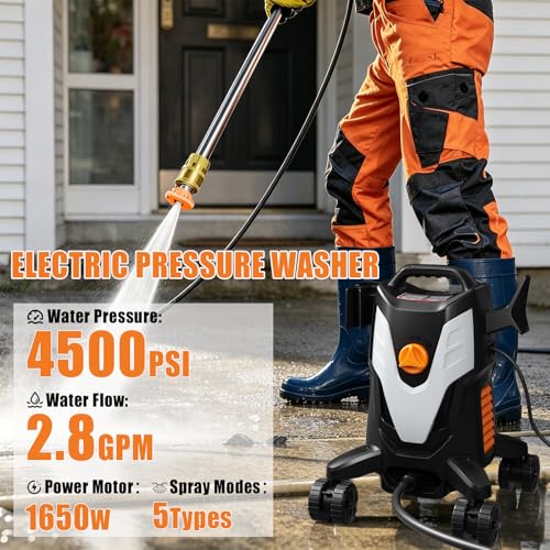 Image of Electric Pressure Washer 4500PSI 2.8 GPM High Pressure Washer with Anti-Tipping Technology, 4 Quick Connect Nozzles, Stainless Steel Spray Wand, Electric Power Washer for Cars /Fences /Driveways /Home