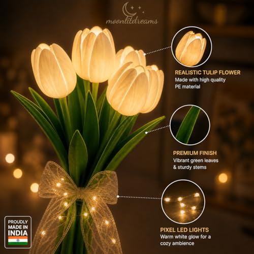 Image of MoonlitDreams Artificial White Tulip Flower Lamp with LED Lights, 5 Tulip Bouquet Night Light for Bedroom Decor | Battery Operated Aesthetic Room Decor Gift
