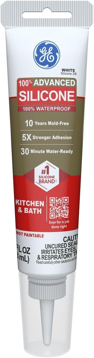 GE Advanced Silicone Caulk for Kitchen &amp; Bathroom,White,2.8 fl oz Tube - 100% Waterproof Silicone Sealant,5X Stronger Adhesion,Shrink &amp; Crack Proof,(Pack of 12)