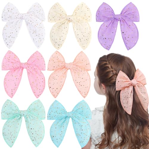 TOKUFAGU 7PCS Hair Bows for Girls, Tulle Stars Hairs Barrettes Colorful Alligator Clips Wedding Hair Accessories for Girls Infants Toddler Teens Women Party