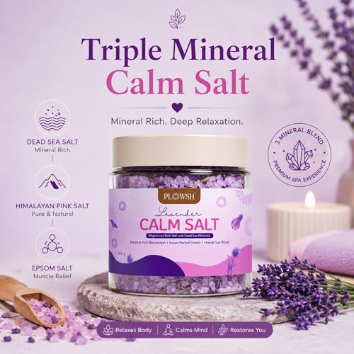 Image of Calm Salt Lavender Bath Salt 350g | Dead Sea Minerals, Epsom & Himalayan Pink Salt | Magnesium Rich Relaxation Soak For Stress Relief | Calming Spa Foot Bath & Period Comfort Routine