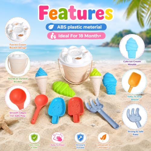 Image of WISHKEY Beach Toys for Kids 10 Pcs Ice Cream Beach Set, Sand Bucket & Molds with Shovel, Rake & Scoop, ABS Plastic Sand Toy Set for Boys & Girls, Beach, Sandbox & Outdoor Play, 18+ Months