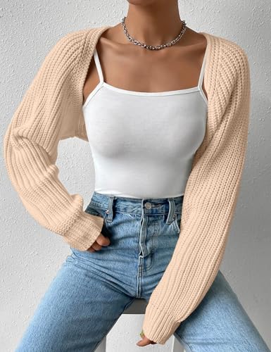 Image of Women's Long Sleeve Open Front Knitted Crop Cardigan Drop Shoulder Knit Bolero Shrug Sweater