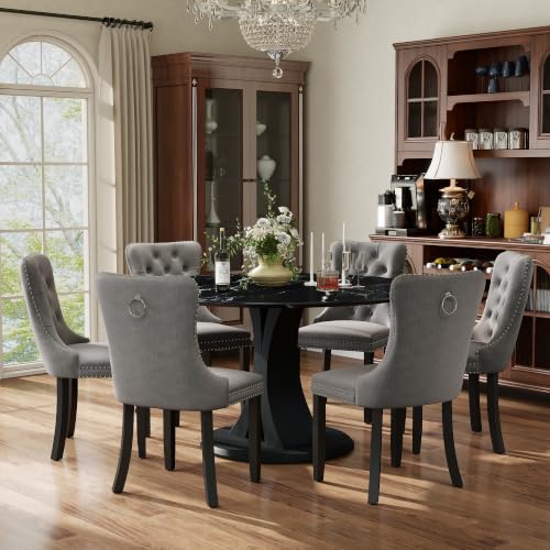 Image of 7-Piece Dining Table Set for 6 with 47 In Black Faux Marble Round Table