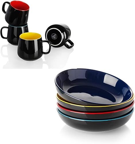 Teocera Juego de 4 cuencos para pasta de 35 onzas y tazas de café de 12 onzas, color negro Mulit
