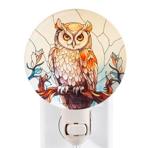 Image of Owl Night Light - Vintage Cottagecore Stained Glass Style Plug-in Wall Light, Flat Glass Owl Design for Vertical Outlets, Tiffany-Inspired Decor Gift