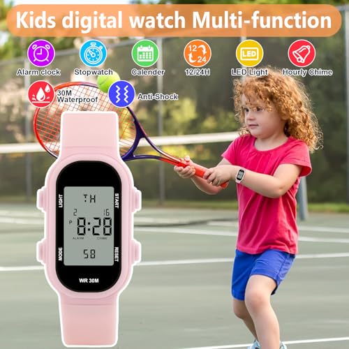 Image of Juboos Kid's Digital Watch for Boys and Girls, Waterproof LCD Digital Sports Kids Watch with 7 Color LED Lights, Stopwatch, Alarm