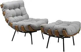 Kit Poltrona com Puff Costela – Linho Cinza – Design Moderno – Estrutura em Aço Carbono e Madeira – Criada por Martin Eisler