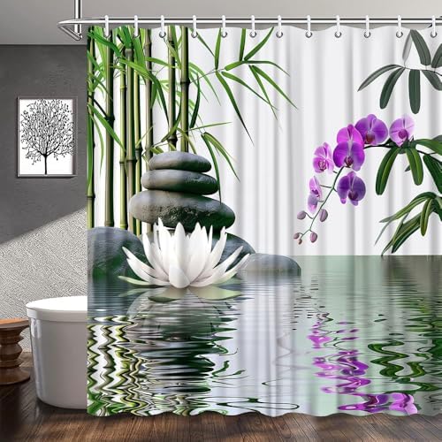 WUASDCS Zen Shower Curtain Green Bamboo Lotus Waterlily