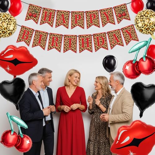 Image of Red Cheetah Birthday Decorations, Banner with Foil Balloons | Quick and Easy Setup, Can Float, for Bachelorette Party Decor, Kiss the Miss Goodbye, Women's Birthday