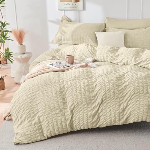 Image of HYMOKEGE Oatmeal Full Size Comforter Sets Seersucker 7 Pieces, All Season Luxury Bed in a Bag for Bedroom, Bedding Set with Comforter, Sheets, Pillowcases & Shams