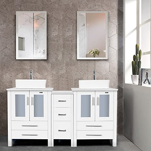 Eclife 60” Bathroom Vanity Sink Combo White W/Side Cabinet Vanity White Ceramic Vessel Sink And Chrome Bathroom Solid Brass Faucet And Pop Up Drain, W/Mirror(T03 2B02W) #TOP1
