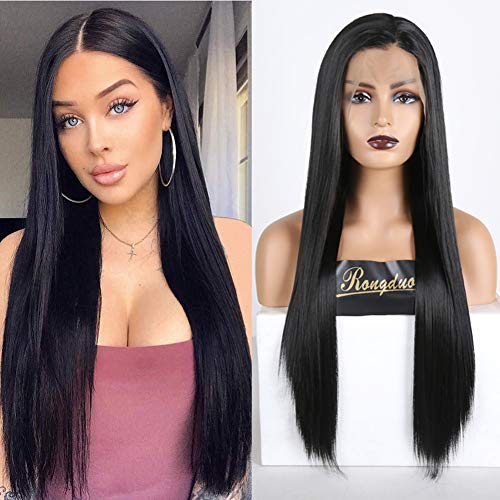 RDY Long Straight Black Synthetic Hair Wig Lace Front Wigs with Middle Parting for Women Girls Glueless Half Hand Tied Heat Fiber Replacement Wigs（24Inches,150% Density)