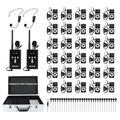 Retekess T130P Factory Tour Guide System,Upgraded Noise Reduction,Church Translation System,Tour Guide Headsets for Plant,School (2 Transmitter 30 Receivers 30 Headphones)