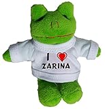 Rana de peluche (llavero) con Amo Zarina en la camiseta (nombre de pila/apellido/apodo)