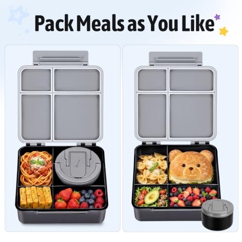 Image of MAXSO Bento Lunch Box Set for Kids with 8 oz Soup Thermo, Leakproof Hot Food Container with 4 Compartments, Insulated Food Jar for Toddler Daycare Boys Girls School - Black
