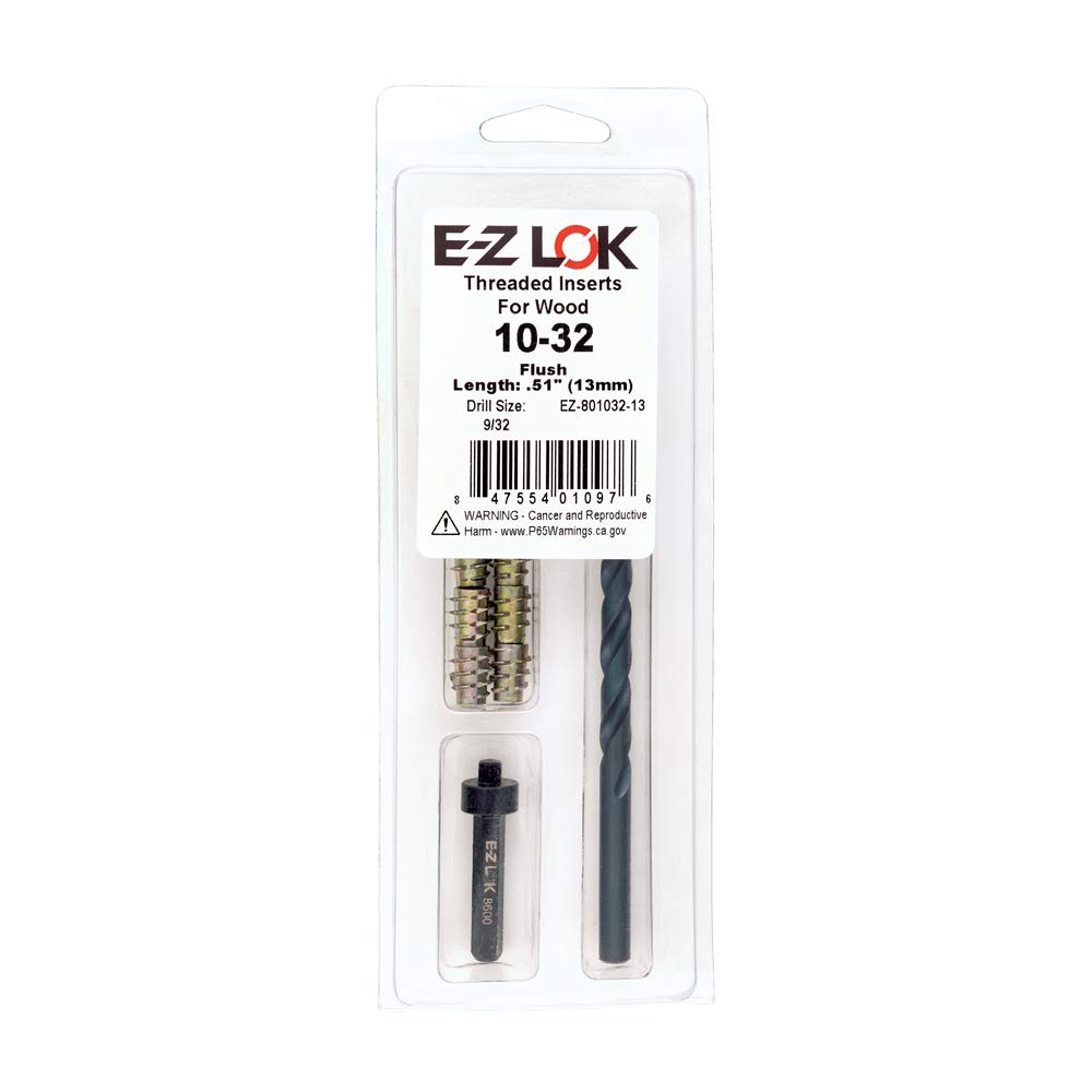 E-Z Hex Thread Repair Kit for Soft Wood Flush Threaded Inserts 10-32 x 13mm, Drill, Installation Tool