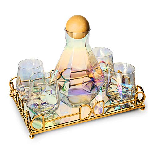 Diamond Iridescent Glass Diamond Decanter And Glasses Set, The Wine Savant Rainbow Iridescent Comes With A Diamond Decanter 4 Whiskey/Wine Diamond Glasses, 1 Tray And A Perfect Box #TOP2