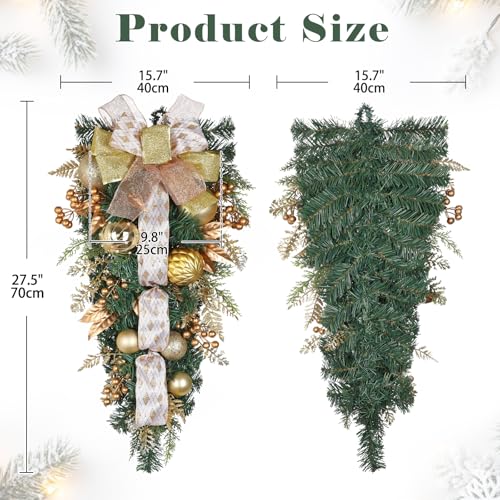 Christmas Teardrop Swag for Front Door with Ornaments, Berries, Bow, 27.5"Christmas Swag Wreath for Stair Window Wall Mantel, Artificial Christmas Swags for Indoor & Outdoor Winter Holiday Decor, Gold by Villa Como - Image 4