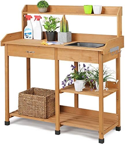 48" Wooden Outdoor Indoor Planting Gardening Garden Potting Bench Workbench Workstation Table Removable Sink Drawer 2 Tiers Storage Shelves Rack Open Shelf 3 Side Hooks Gardening Supplies Tools Storag