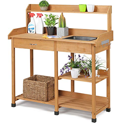 48" Wooden Outdoor Indoor Planting Gardening Garden Potting Bench Workbench Workstation Table Removable Sink Drawer 2 Tiers Storage Shelves Rack Open Shelf 3 Side Hooks Gardening Supplies Tools Storag #TOP21