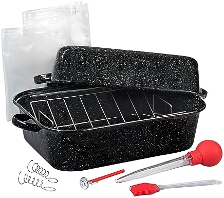Granite Ware 25 lb Rectangular Roaster Set (10pcs), includes Lid, V-Rack, 2 pack brining bags, oven/grill-safe meat Thermometer, Turkey Baster with sylicon bulb, small brush