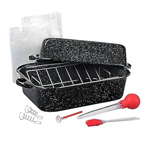 Granite Ware 25 lb Rectangular Roaster Set (10pcs), includes Lid, V-Rack, 2 pack brining bags, oven/grill-safe meat Thermometer, Turkey Baster with sylicon bulb, small brush